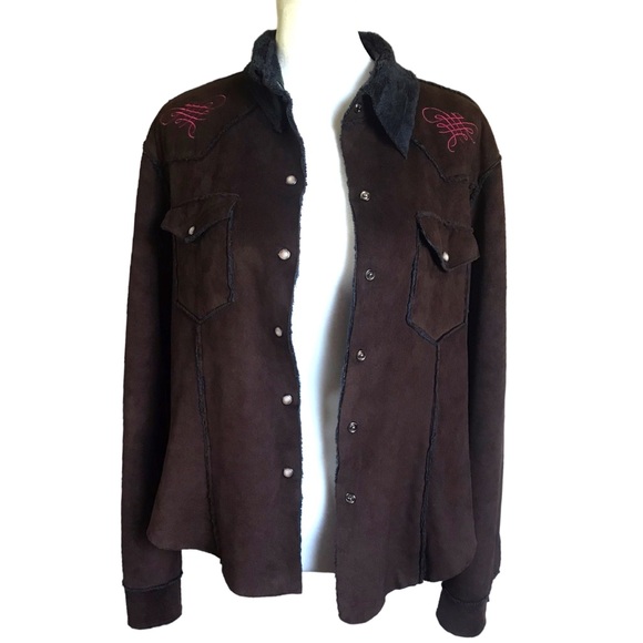 Tasha Polizzi Med Brown And Pink Faux Suede Pearl Snap Western Shearling Jacket - Picture 7 of 13